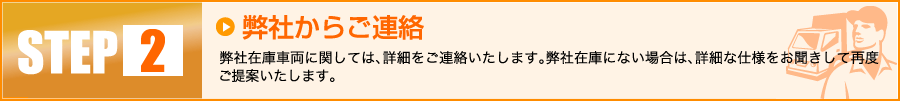 【2】弊社からご連絡:弊社在庫車両に関しては、詳細をご連絡いたします。弊社在庫にない場合は、詳細な仕様をお聞きして再度ご提案いたします。